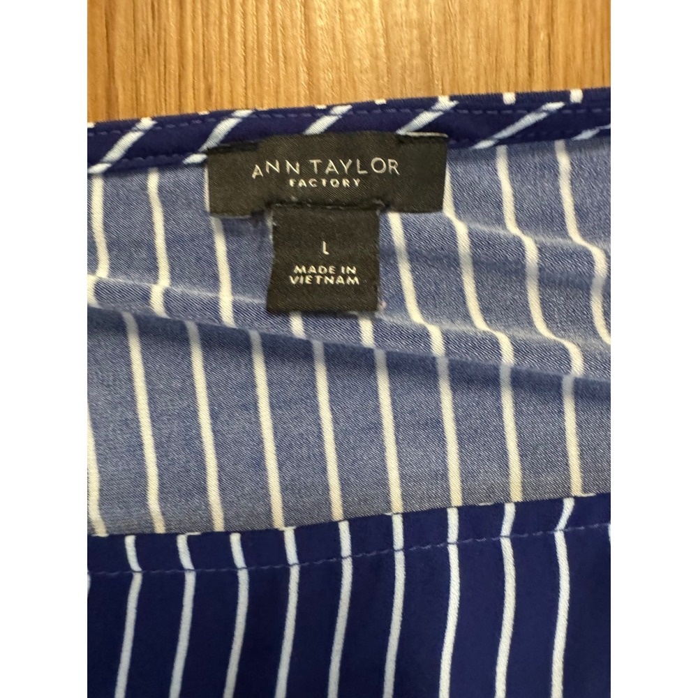Ann Taylor Factory Navy Blue White Striped Puff Sleeve Blouse Boat Neck Large - Picture 5 of 8